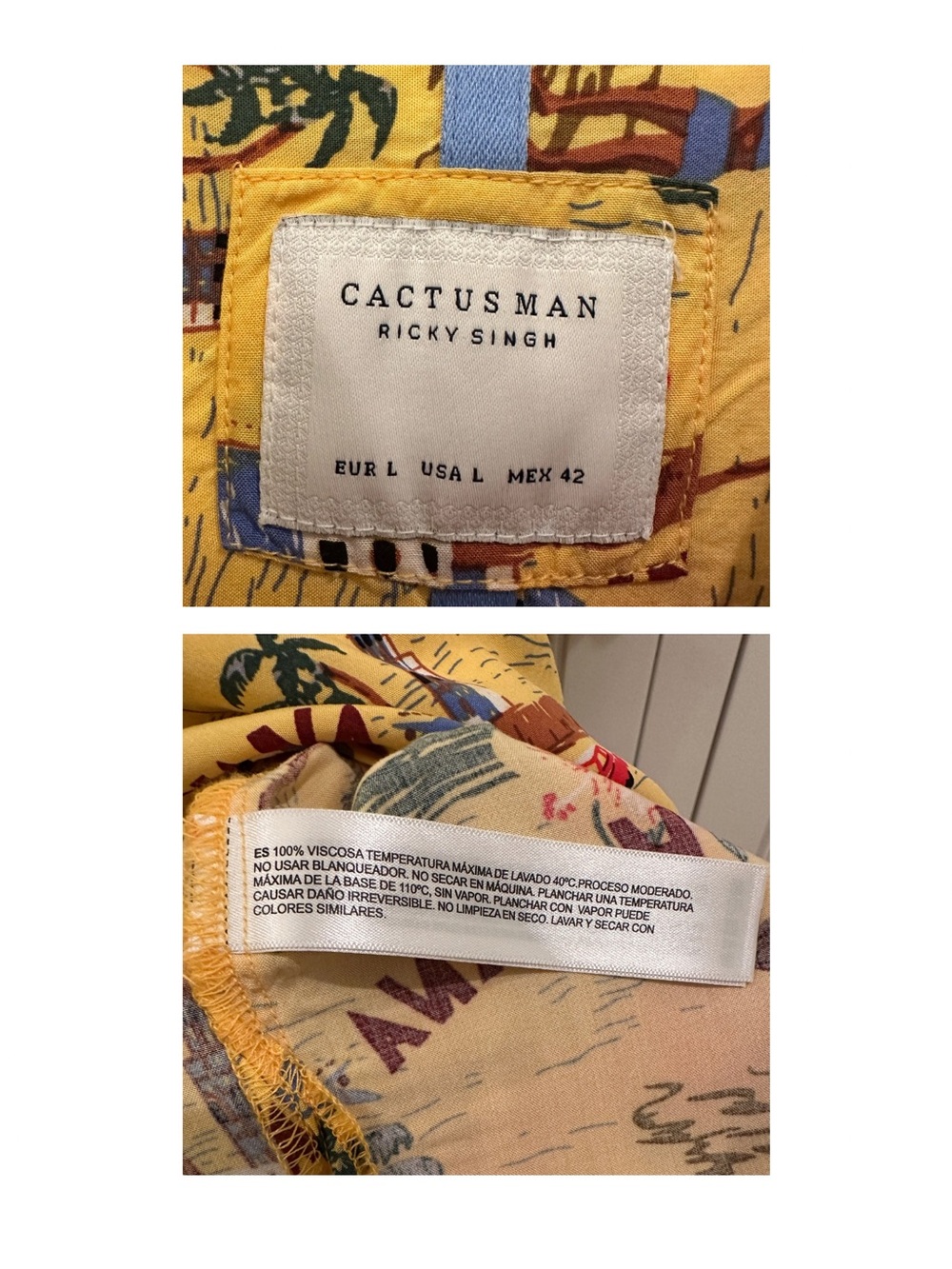 Cactus Man Ricky Singh Havana Print Yellow Short-Sleeve Button-Down Shirt-Size L - Picture 3 of 4